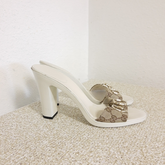 Gucci Shoes - Gucci Brown Logo Jacquard Horsebit Open Toe Heel